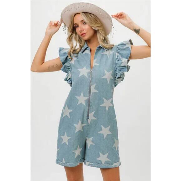 BiBi Pants - BiBi Ruffled Star Denim Half Zip Romper Blue Jean Size S